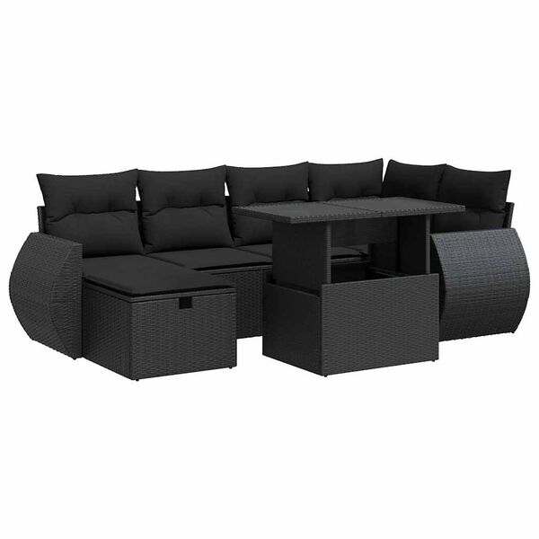 vidaXL 7-tlg. Garten-Sofagarnitur mit Kissen Schwarz Poly Rattan