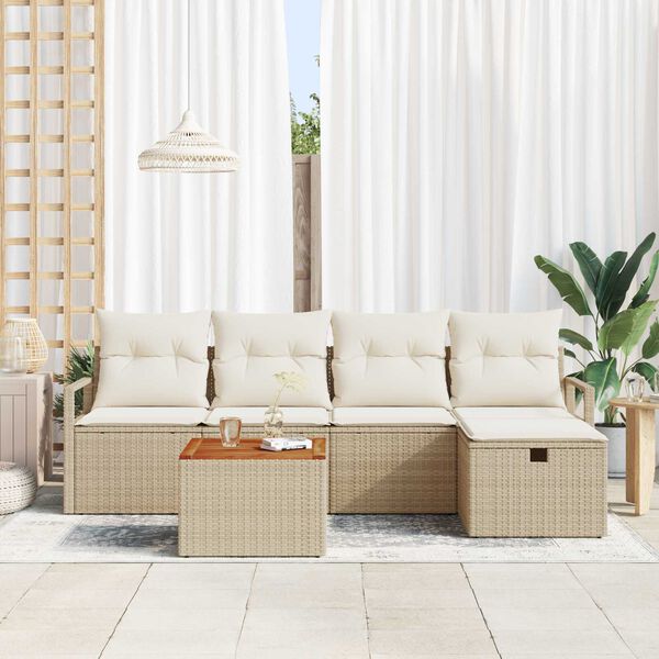 vidaXL Garten-Sofa-Set mit Kissen mit Speicher 6 pcs Beige Poly Rattan