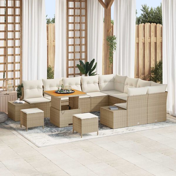 vidaXL Gartensofa-set mit Kissen mit Speicher 12 pcs Beige Poly Rattan
