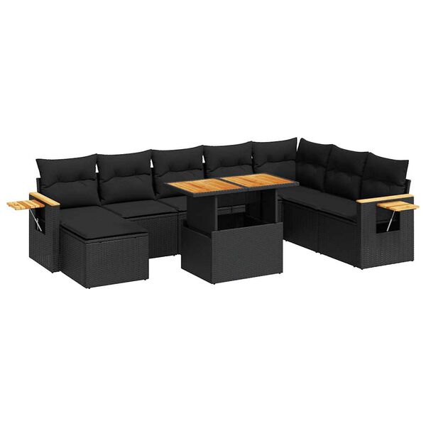vidaXL 9-tlg. Garten-Sofagarnitur mit Kissen Schwarz Poly Rattan