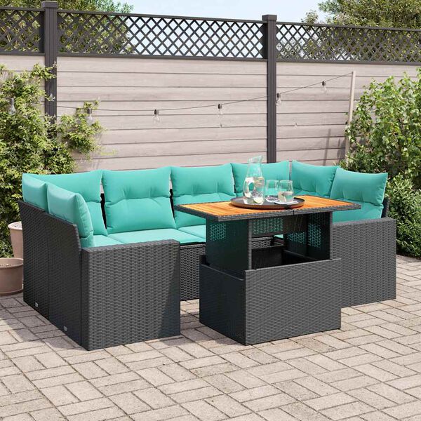 vidaXL 7-tlg. Garten-Sofagarnitur mit Kissen Schwarz Poly Rattan