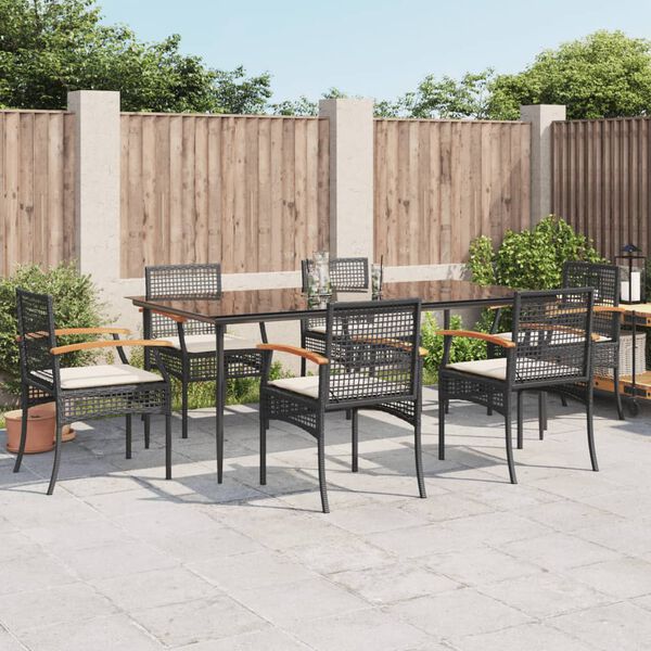 vidaXL 7-tlg. Garten-Essgruppe mit Kissen Schwarz Poly Rattan