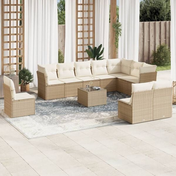 vidaXL 11-tlg. Garten-Sofagarnitur mit Kissen Beige Poly Rattan