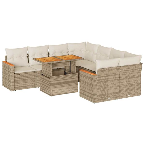 vidaXL 9-tlg. Garten-Sofagarnitur mit Kissen Beige Poly Rattan Akazie