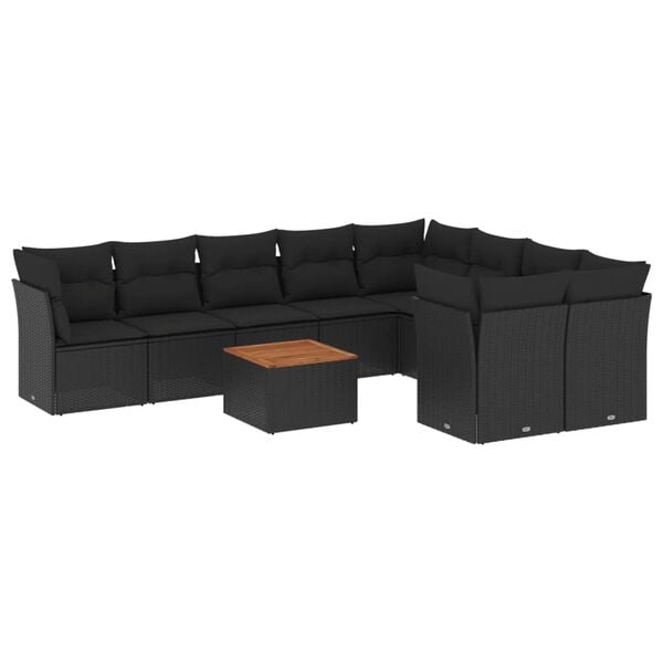 vidaXL 10-tlg. Garten-Sofagarnitur mit Kissen Schwarz Poly Rattan