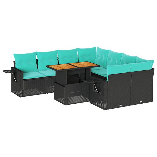 vidaXL 9-tlg. Garten-Sofagarnitur mit Kissen Schwarz Poly Rattan