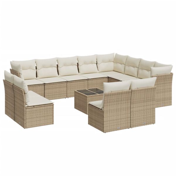 vidaXL 13-tlg. Garten-Sofagarnitur mit Kissen Beige Poly Rattan