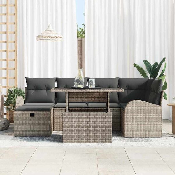 vidaXL Garten-Sofa-Set mit Kissen mit Speicher 7 pcs Grau Poly Rattan
