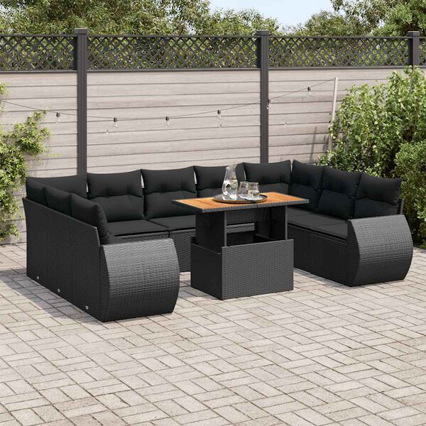 vidaXL 10-tlg. Garten-Sofagarnitur mit Kissen Schwarz Poly Rattan