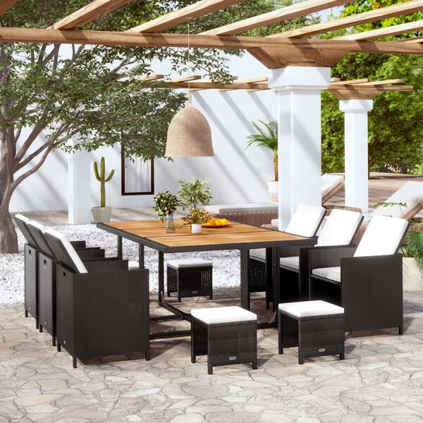 vidaXL 11-tlg. Garten-Essgruppe Poly Rattan Akazienholz Schwarz