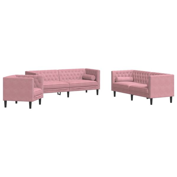 vidaXL 3-tlg. Chesterfield-Sofa-Set mit Nackenrollen Rosa Samt