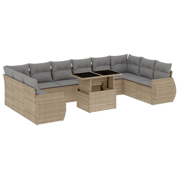 vidaXL 11-tlg. Garten-Sofagarnitur mit Kissen Beige Poly Rattan