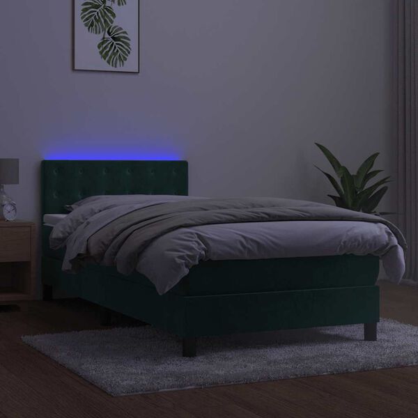 vidaXL Boxspringbett mit Matratze & LED Dunkelgr&uuml;n 90x190 cm Samt