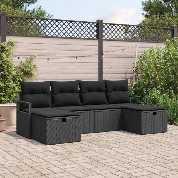 vidaXL Sofa Set mit Kissen mit Speicher 6 pcs Schwarz Poly-Rattan