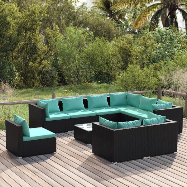 vidaXL 10-tlg. Garten-Lounge-Set mit Kissen Poly Rattan Schwarz