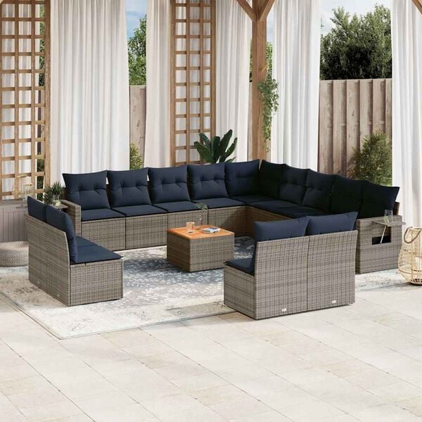 vidaXL 14-teiliges Gartensofa-Set mit Kissen, grau, Polyrattan