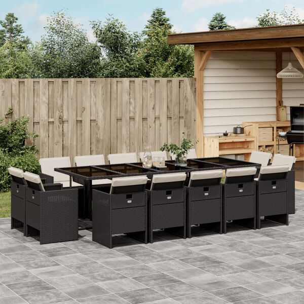 vidaXL 15-tlg. Garten-Essgruppe mit Kissen Schwarz Poly Rattan