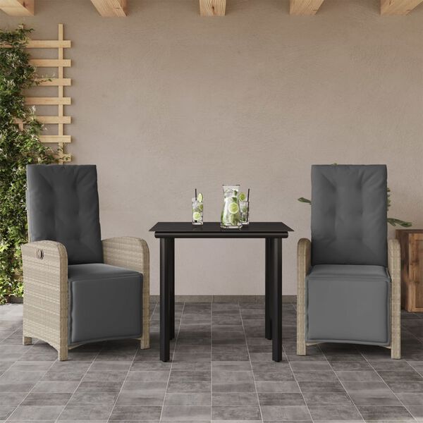 vidaXL 3-tlg. Bistro-Set mit Kissen Hellgrau Poly Rattan