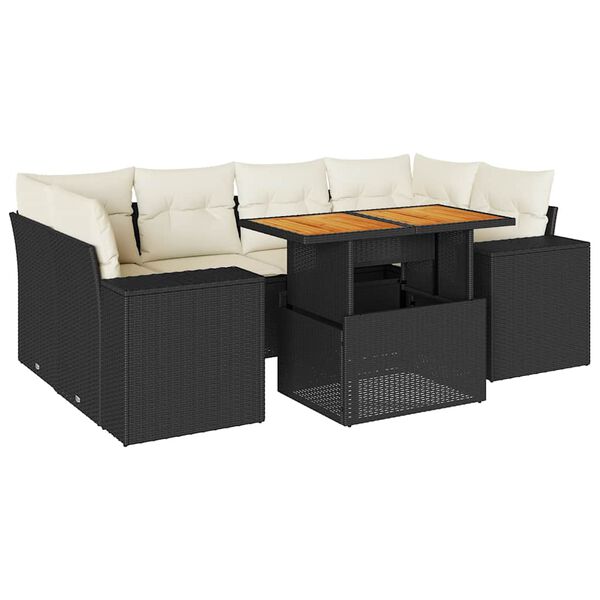vidaXL 7-tlg. Garten-Sofagarnitur mit Kissen Schwarz Poly Rattan