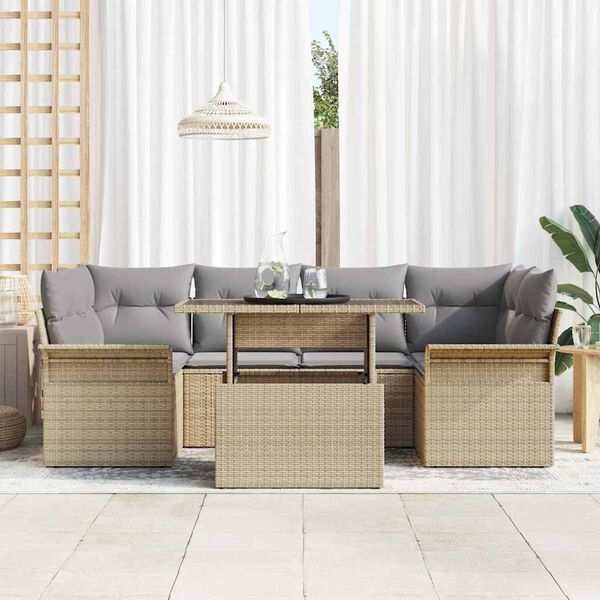 vidaXL Garten-Sofa-Set mit Kissen mit Speicher 7 pcs Beige Poly Rattan