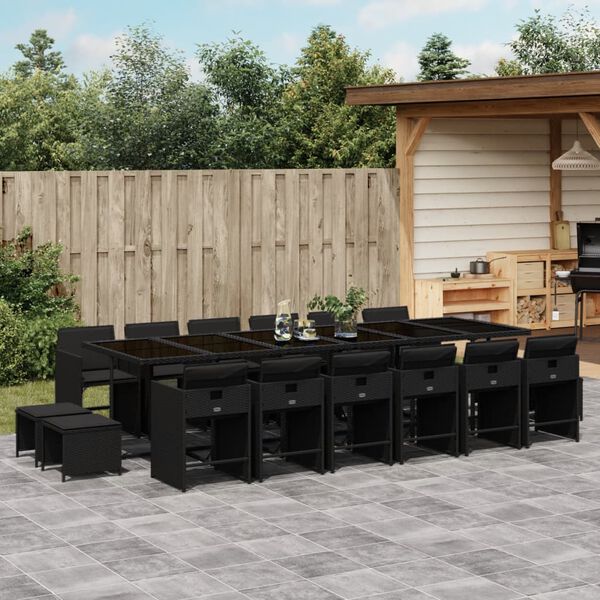 vidaXL 17-tlg. Garten-Essgruppe mit Kissen Schwarz Poly Rattan