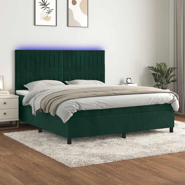 vidaXL Boxspringbett mit Matratze & LED Dunkelgr&uuml;n 160x200 cm Samt