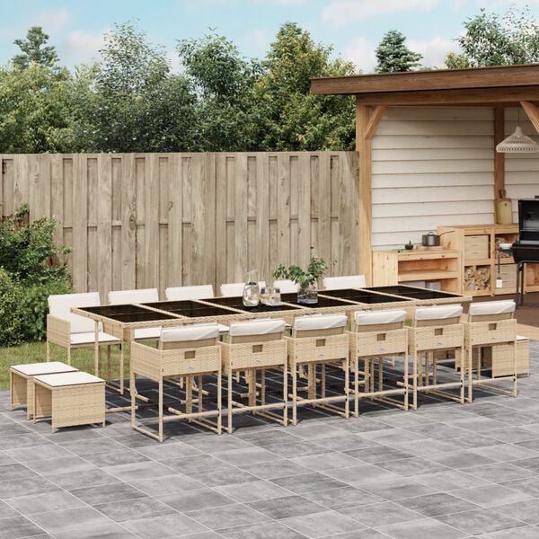 vidaXL 17-tlg. Garten-Essgruppe mit Kissen Beige Poly Rattan