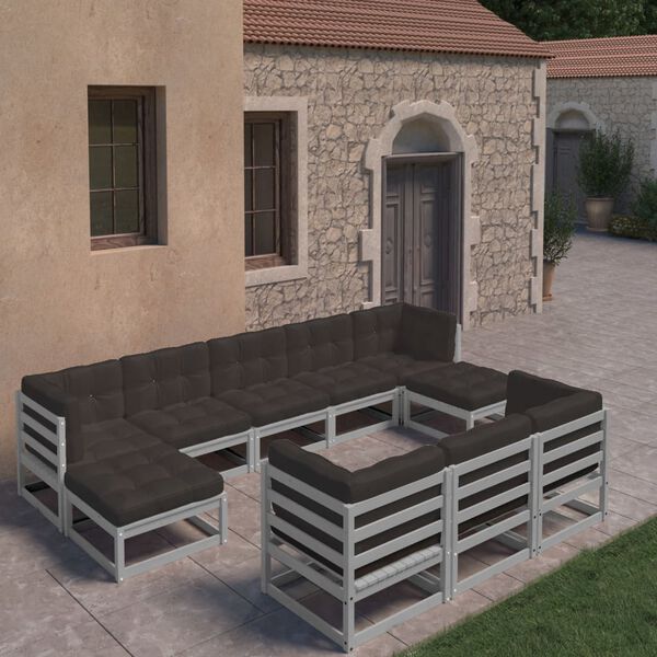 vidaXL 10-tlg. Garten-Lounge-Set mit Kissen Grau Massivholz Kiefer