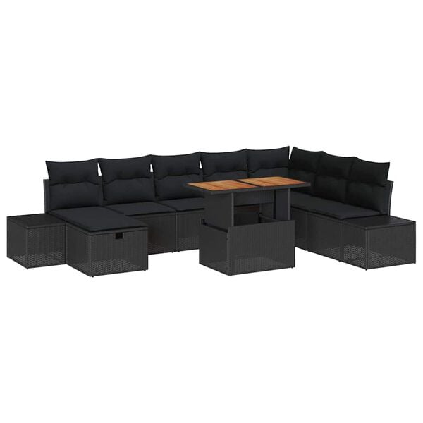 vidaXL Garten-Sofa-Set mit Kissen 9 pcs Schwarz Poly Rattan