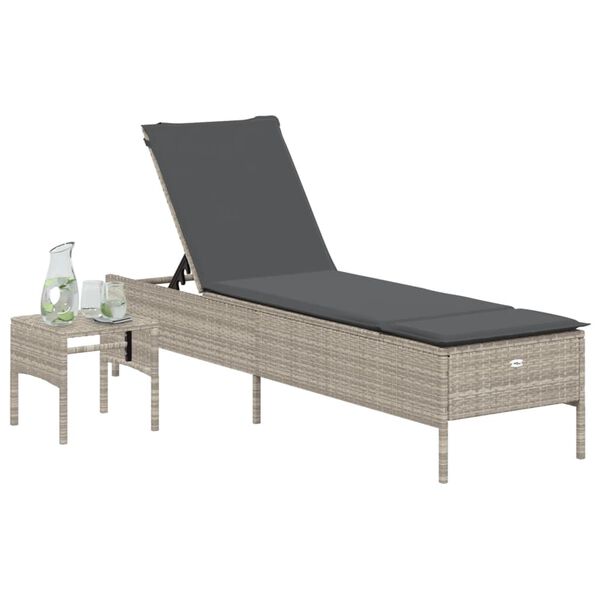 vidaXL Sonnenliege mit Tisch und Auflage Hellgrau Poly Rattan