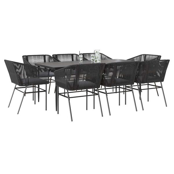 vidaXL 9-tlg. Garten-Essgruppe mit Kissen Schwarz Poly Rattan Glas