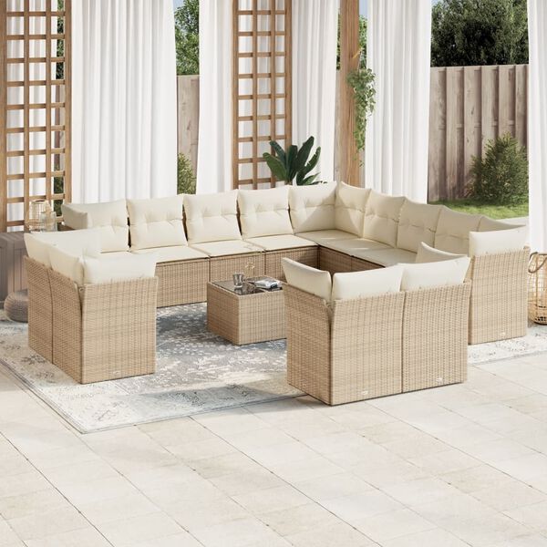 vidaXL 14-tlg. Garten-Sofagarnitur mit Kissen Beige Poly Rattan