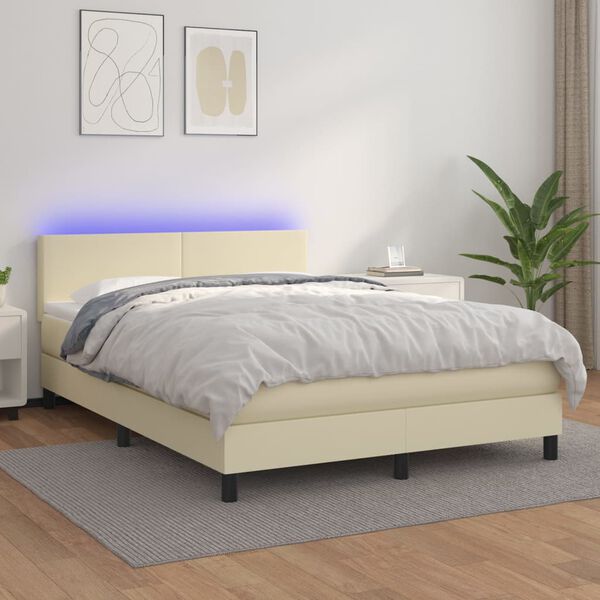 vidaXL Boxspringbett mit Matratze & LED Creme 140x190 cm Kunstleder