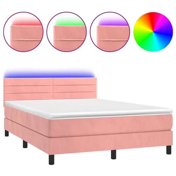 vidaXL Boxspringbett mit Matratze & LED Rosa 140x190 cm Samt