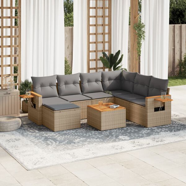 vidaXL 8-tlg. Garten-Sofagarnitur mit Kissen Beige Poly Rattan