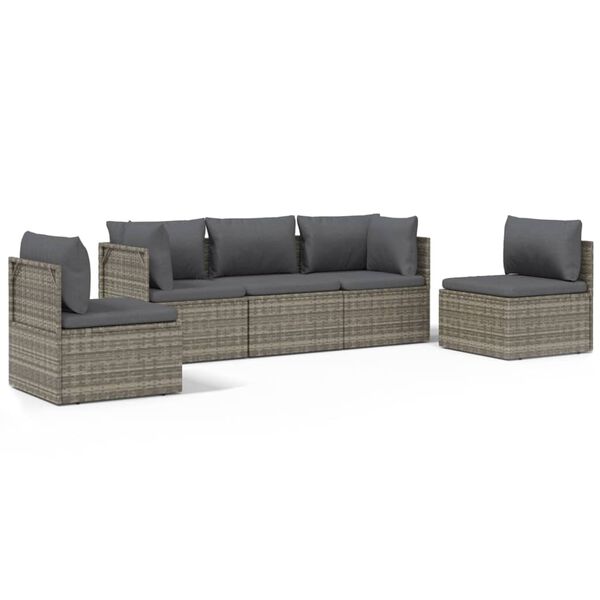 vidaXL 5-tlg. Garten-Lounge-Set mit Kissen Grau Poly Rattan