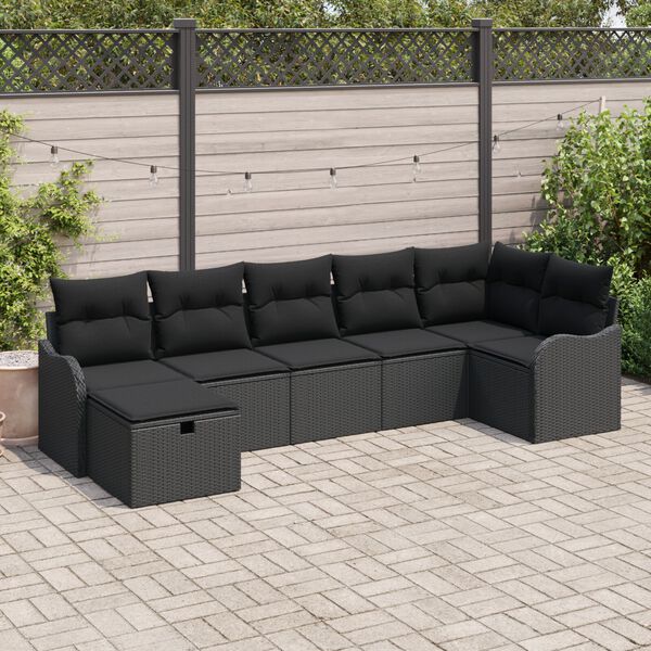 vidaXL Sofa Set mit Kissen mit Speicher 7 pcs Schwarz Poly-Rattan