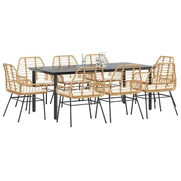 vidaXL 9-tlg. Garten-Essgruppe mit Kissen Braun Poly Rattan Glas