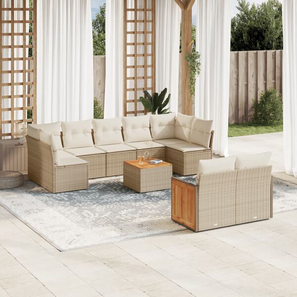 vidaXL 10-tlg. Garten-Sofagarnitur mit Kissen Beige Poly Rattan