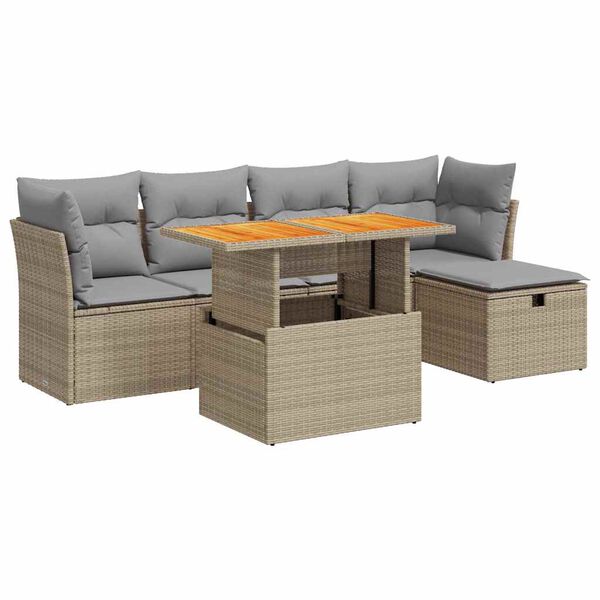 vidaXL 6-tlg. Garten-Sofagarnitur mit Kissen Beige Poly Rattan Akazie