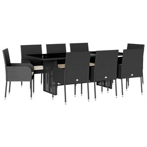 vidaXL 9-tlg. Garten-Essgruppe mit Kissen Schwarz Poly Rattan