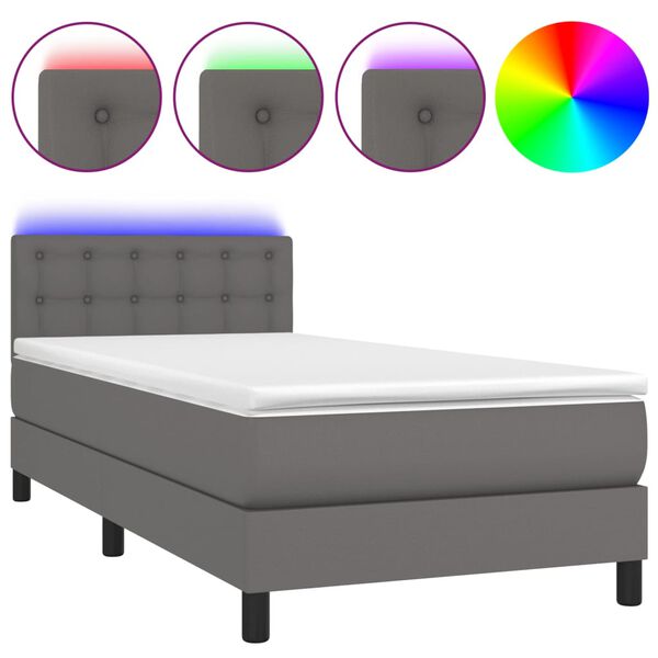 vidaXL Boxspringbett mit Matratze & LED Grau 90x200 cm Kunstleder