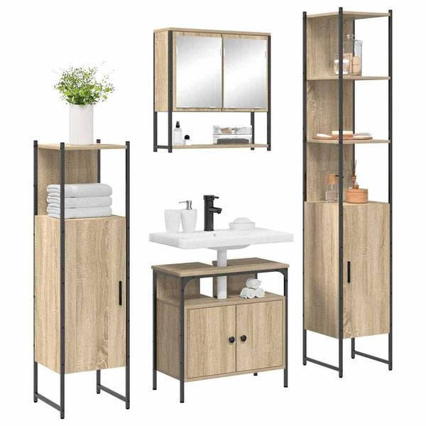 vidaXL Badezimmerm&ouml;bel-Set mit Regal 4 pcs Sonoma-Eiche Holzwerkstoff