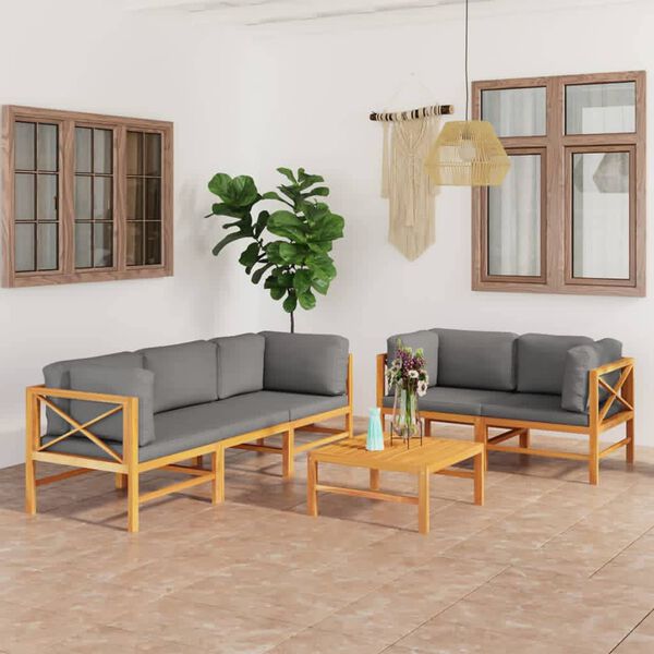 vidaXL 6-tlg. Garten-Lounge-Set mit Grauen Kissen Massivholz Teak