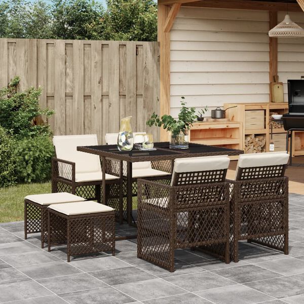 vidaXL 9-tlg. Garten-Essgruppe mit Kissen Braun Poly Rattan
