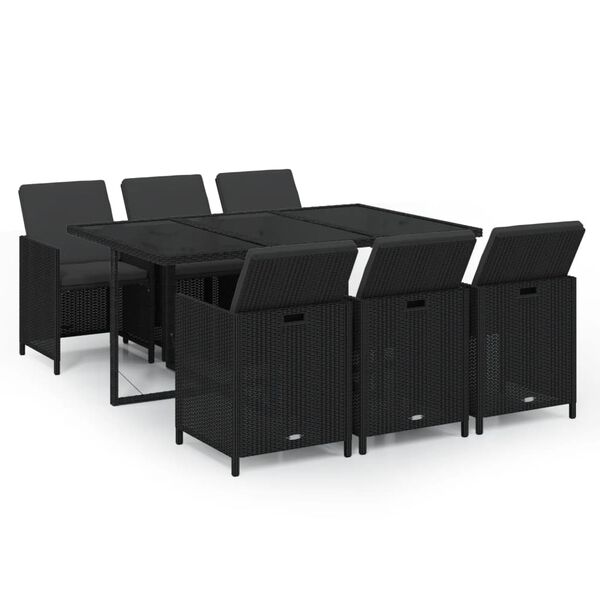 vidaXL 7-tlg. Garten-Essgruppe mit Kissen Poly Rattan Schwarz
