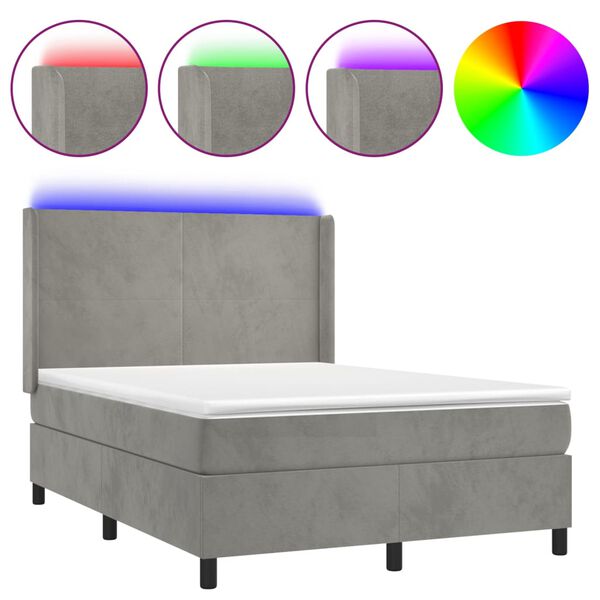 vidaXL Boxspringbett mit Matratze & LED Hellgrau 140x190 cm Samt