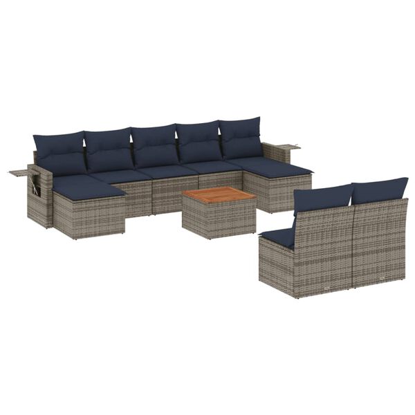 vidaXL 10-teiliges Gartensofa-Set mit Kissen, grau, Polyrattan