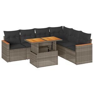 vidaXL 7-tlg. Garten-Sofagarnitur mit Kissen Grau Poly Rattan Akazie