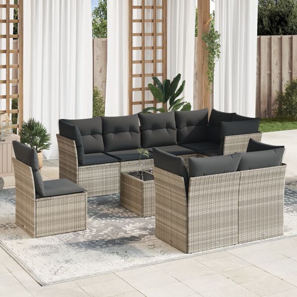 vidaXL 9-tlg. Garten-Sofagarnitur mit Kissen Hellgrau Poly Rattan